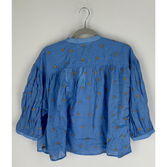 Scotch Soda Womens Blue Gathered 3/4 Sleeve Embroidered Top Size Medium NWT - Picture 5 of 11